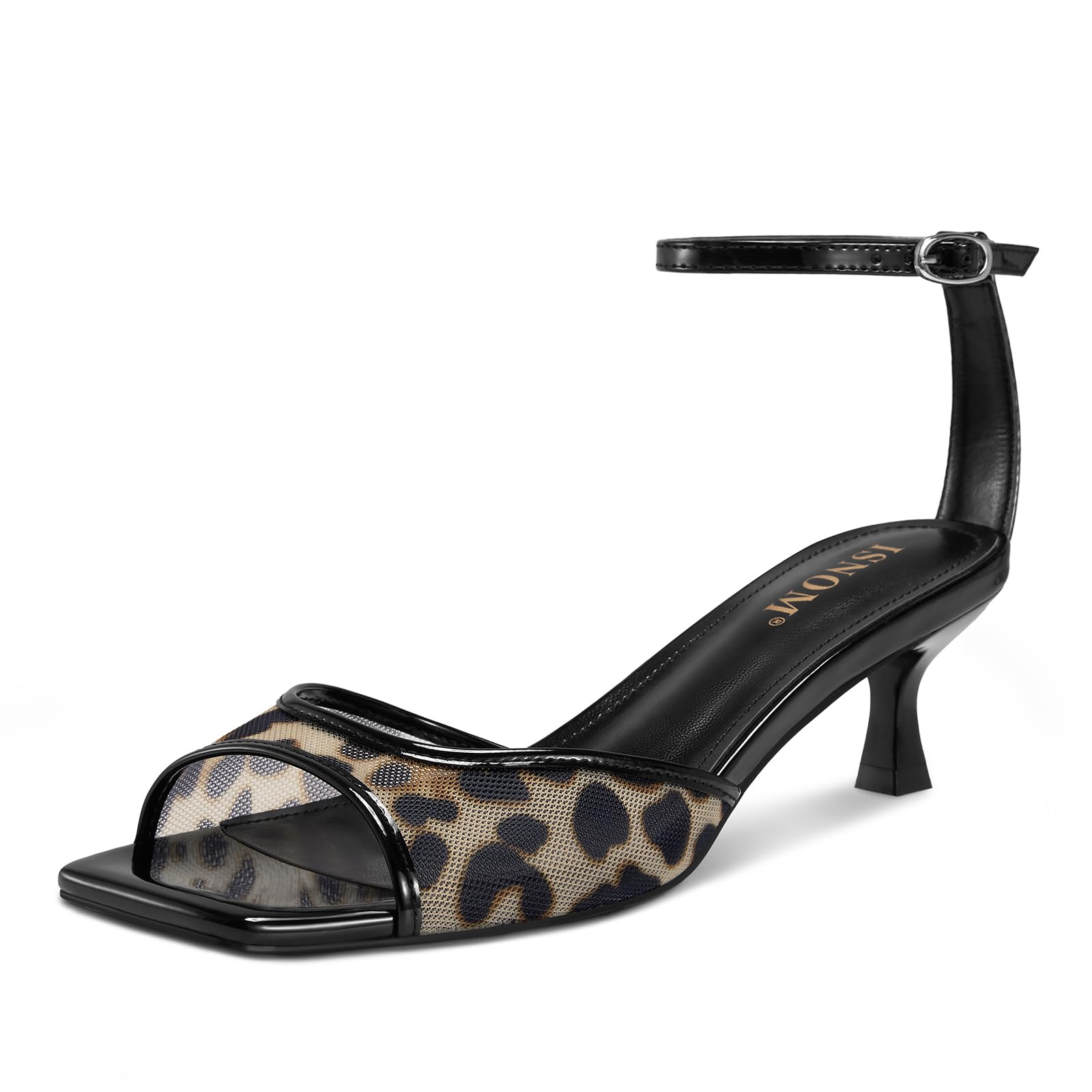 ISNOM Womens Mesh Kitten Heels Sandals Square Toe Ankle Buckle Strap Low Heels Comfort Summer Dress Shoes