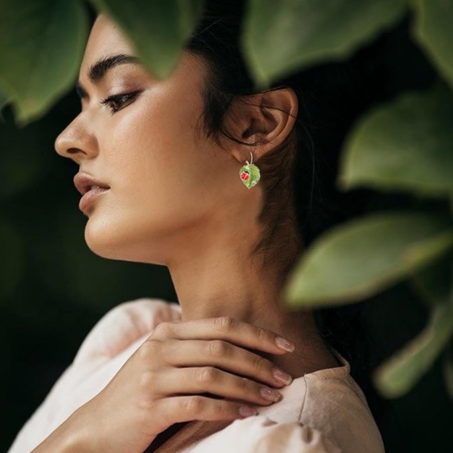 Bohemian Green Leaf Bug Ladybird Earrings for Women Lightweight Cute Insect Ladybug Leverback Earrings - Image 5