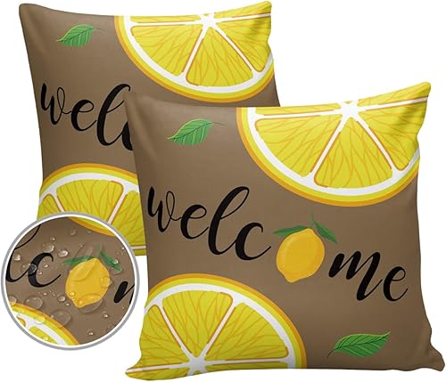 Juego de 2 fundas de almohada impermeables de limón para exteriores para muebles de patio, decoración de frutas de verano, plantas, hojas verdes y
