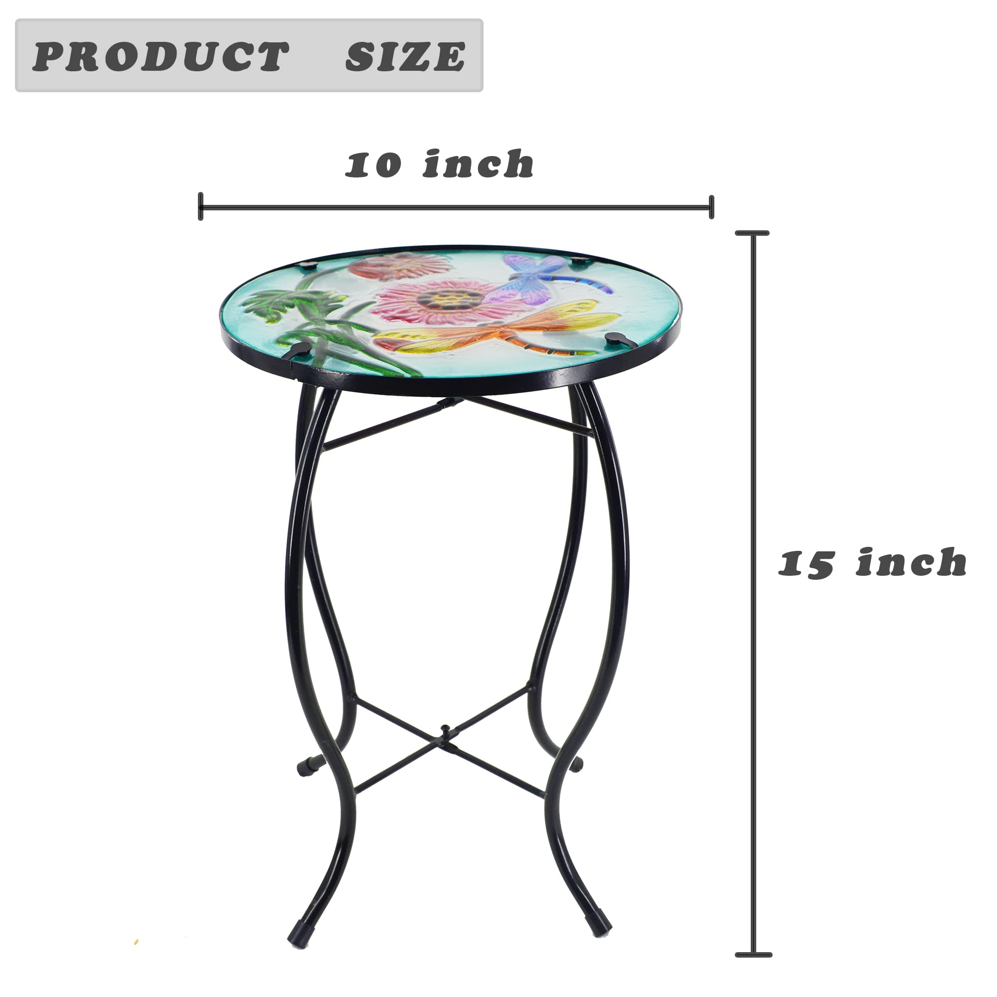 NewVees Dragonfly Patio Side Table, Small Patio Outdoor Side Table, Plant Table,Metal Glass End Table for Porch Garden Yard Pool.