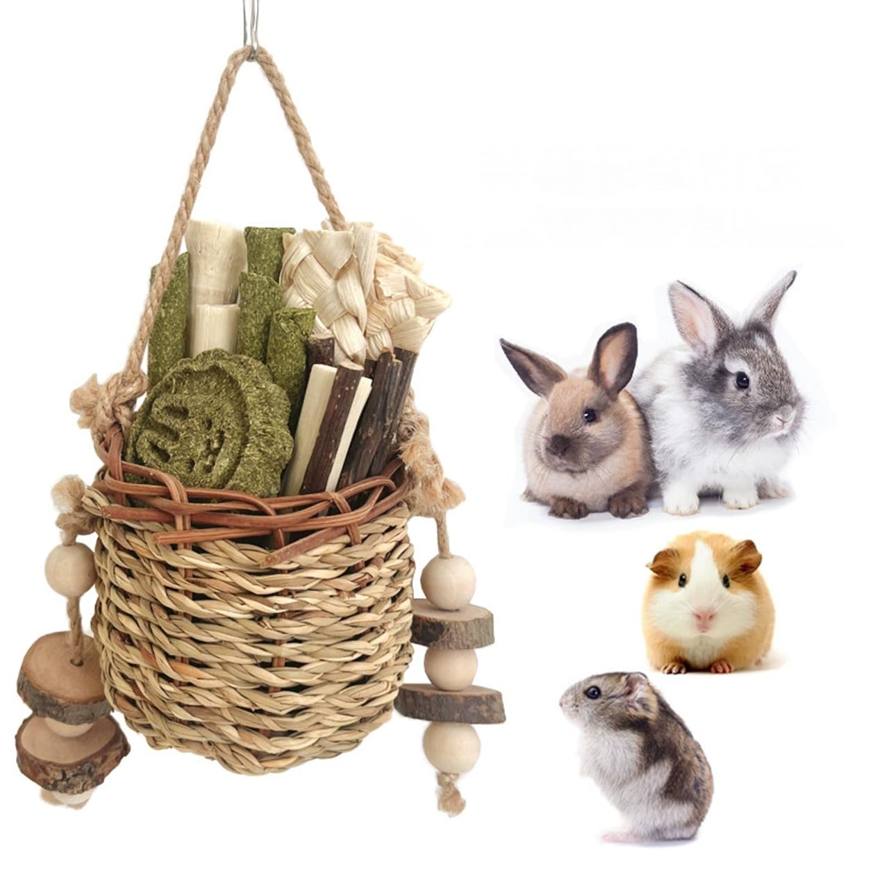 Didabotak Bunny Chew Toys, Natural Seagrass Hanging Basket Chews, Hanging Rodent Dental Toys for Rabbits Guinea Pigs Chinchillas Hamsters Rats and Other Small Pets Teeth Grinding Toy