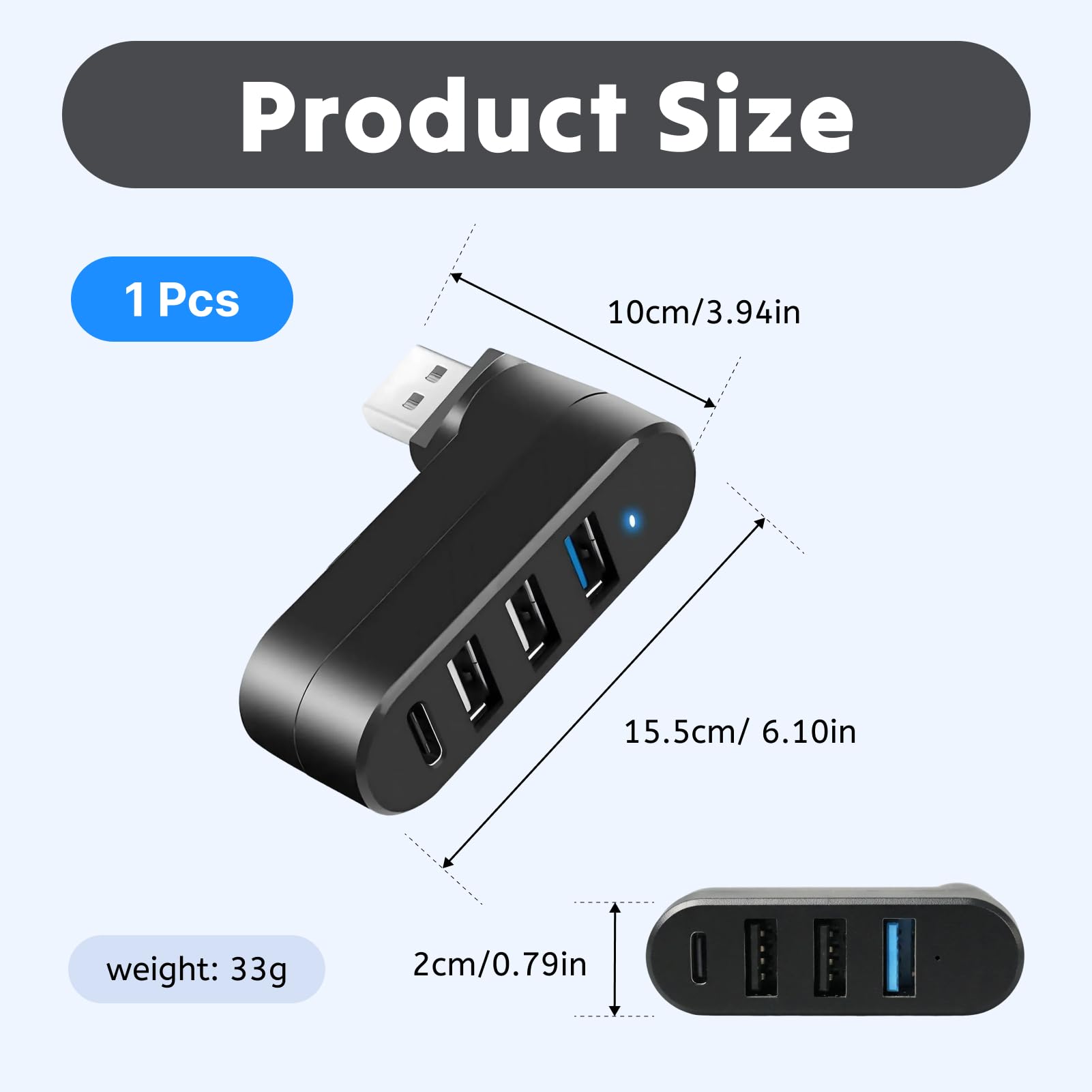 Mini Hub USB z 4 portami USB 3.0 i USB C, obracany o 90°/180° rozdzielacz USB, mini hub kompatybilny z laptopami, komputerami PC, MacBook, samochodem, przenośnym rozdzielaczem laptopa do