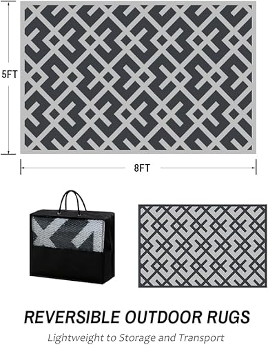 Miniatura 31 de Alfombras reversibles - Alfombra de paja de plástico, alfombra para exteriores, alfombra de área moderna, alfombra grande para exteriores, RV, Negro