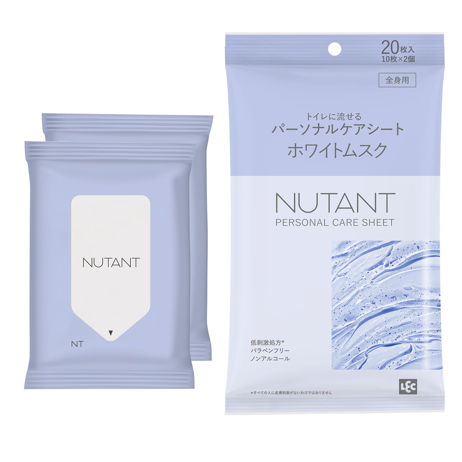 レック NUTANT トイレに流せる パーソナルケアシート 顔 全身 デリケートゾーン 用 (10枚入×2個) ホワイトムスクの香り/大判シート 25×20cm / 無添加/保湿成分配合/日本製/低刺激処方