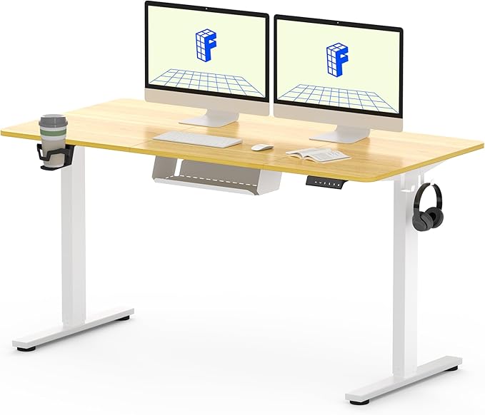 FLEXISPOT QE Pro Electric Lift Desk 140 x 60 cm, Lift Table with 2 Hooks, Cup Holder and Cable Organizer, 4 Memory Functions, Standing Desk for Office & Home and Telework, Maple