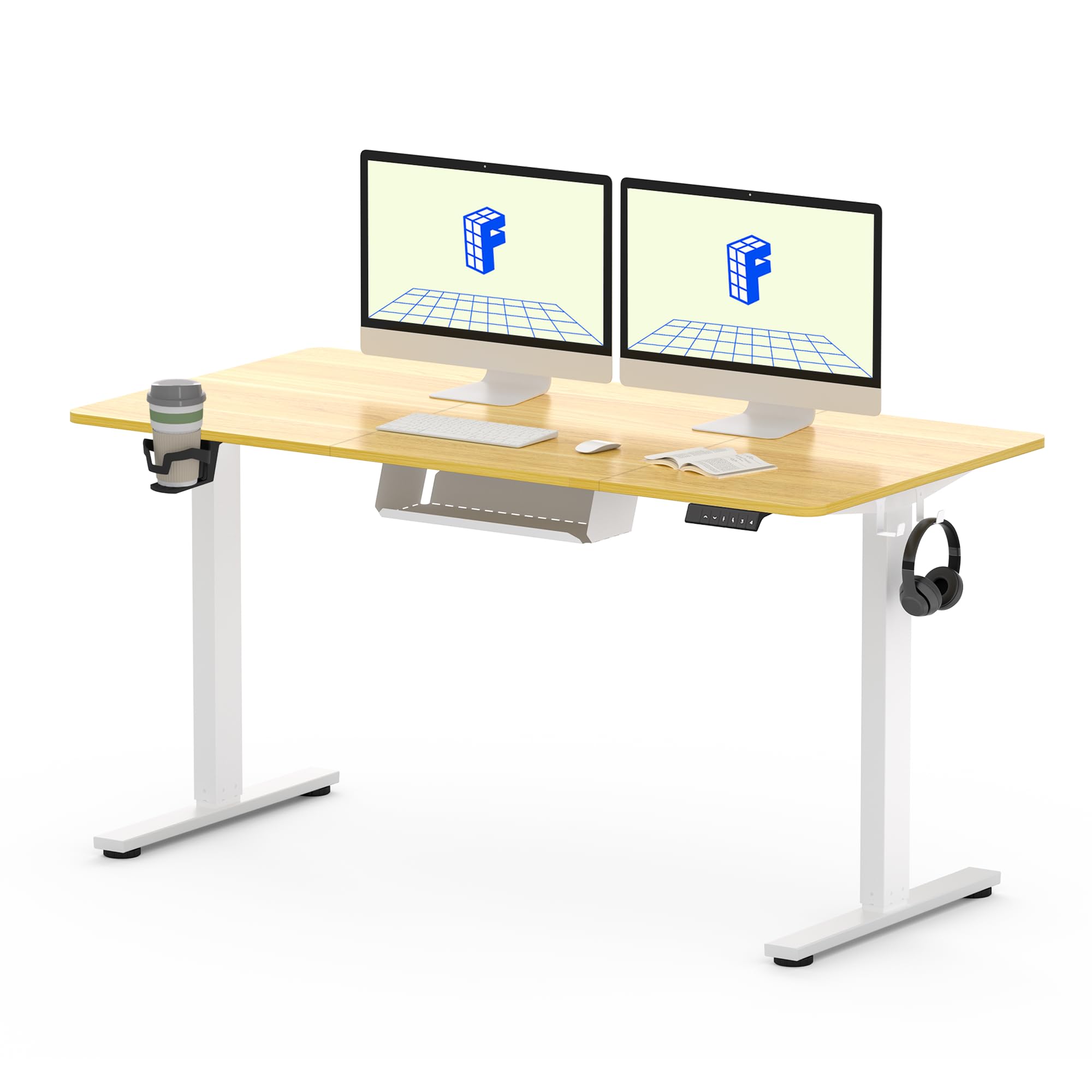 FLEXISPOT140 x 60 cm Electric Standing Desk, Sit Stand Table Height Adjustable Desk with Backpack Hook and Memory Smart Pannel, Home Office, Maple