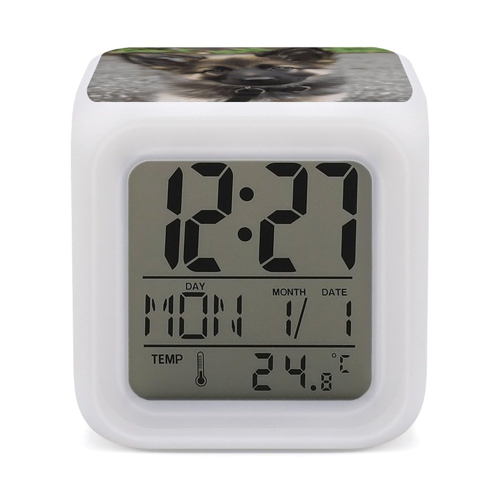 JTREHY 7 Color Changing LED Digital Alarm Clock,Cute German Shepherd Puppy Printed Wake-up Clock with Temperature Display Home Decoration Alarm Clock for Bedroom Office
