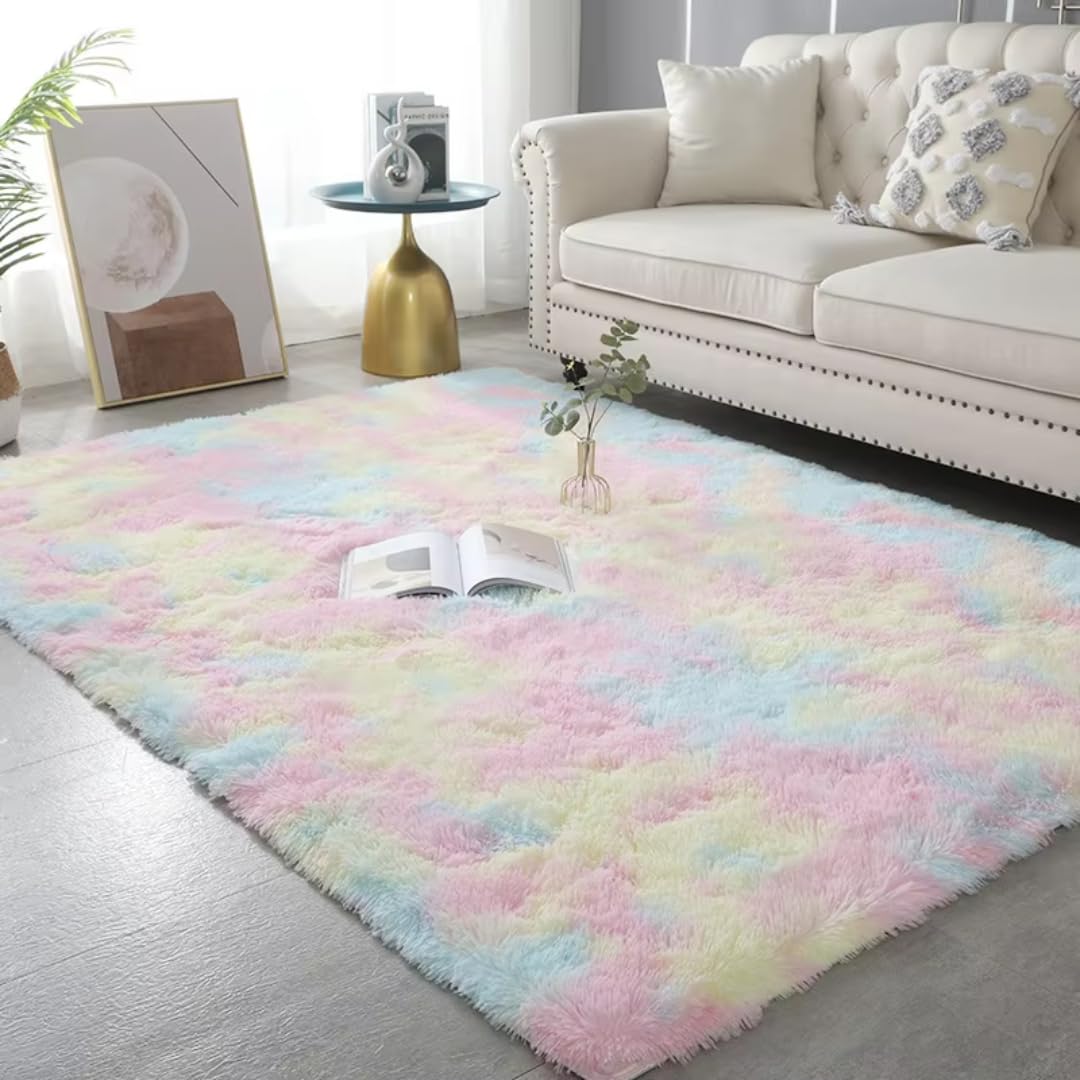 Pluszowy dywan odpowiedni do salonu, biały, miękki, puszysty dywan do sypialni, łazienki, gruba mata podłogowa, dekoracja pokoju młodzieżowego (140 x 200 cm, 55 x 78 cali/tęcza)