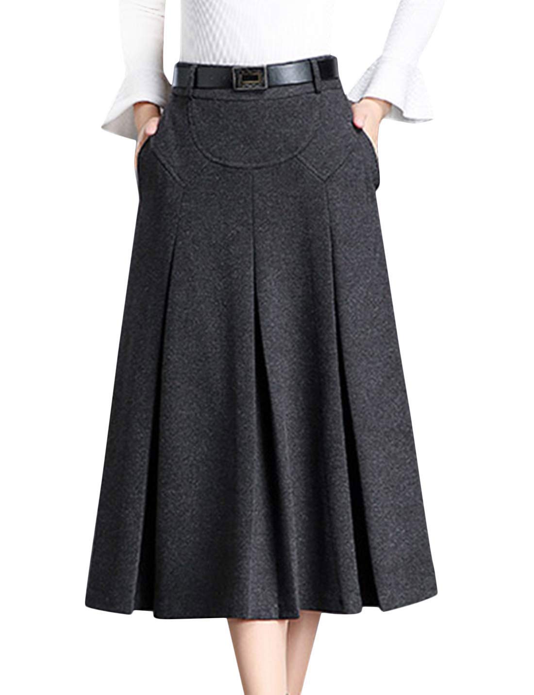 Tanming Womens Winter High Waist A-Line Pleated Wool Midi Skirt with Waist Loops (Dark Gray, Large)