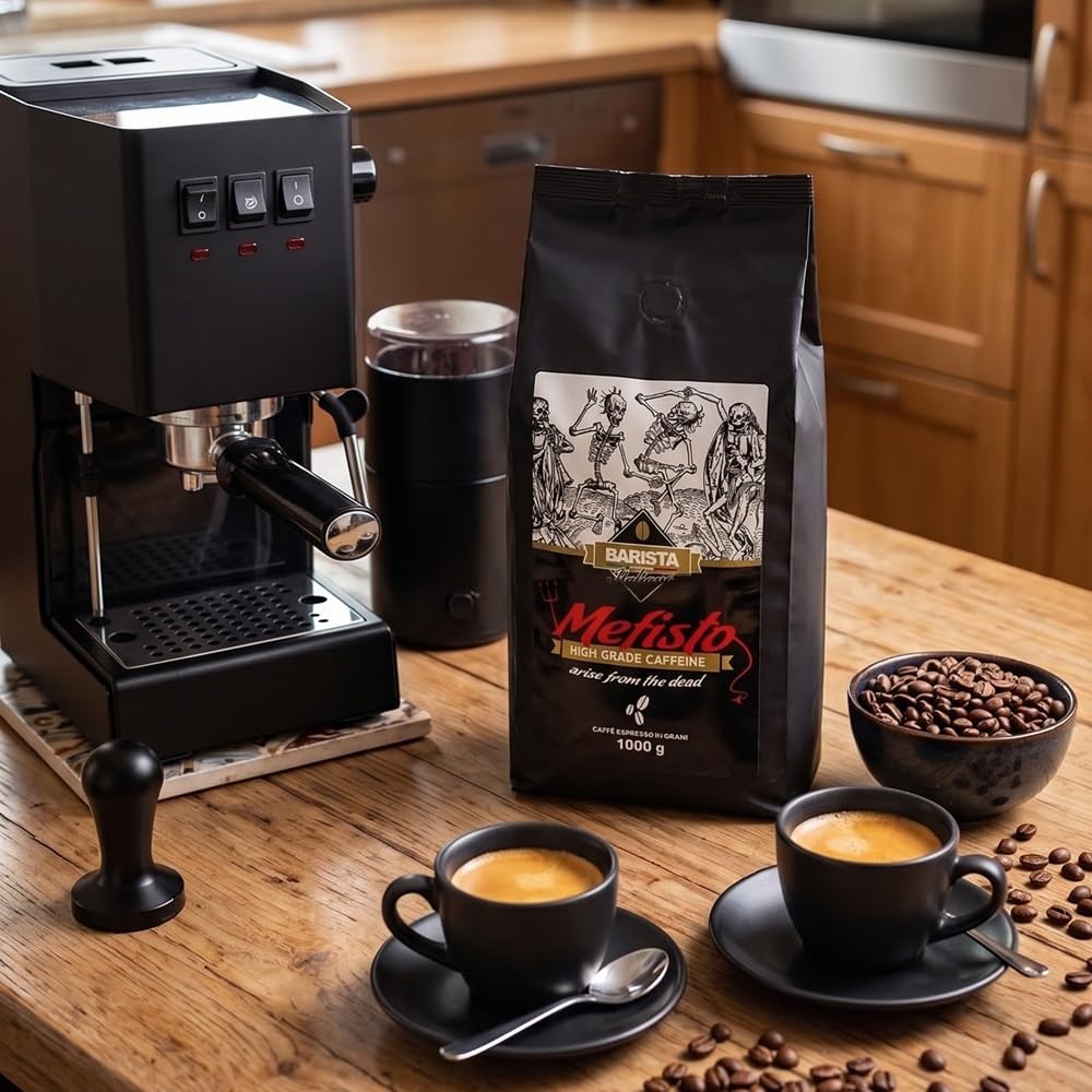 Barista Italiano ♨️ Mefisto - Dark Roast Extremadamente Fuerte ♨️ Espresso Altamente Cafeinado ♨️ 1KG Café Natural En Grano ♨️ Premium Robusta