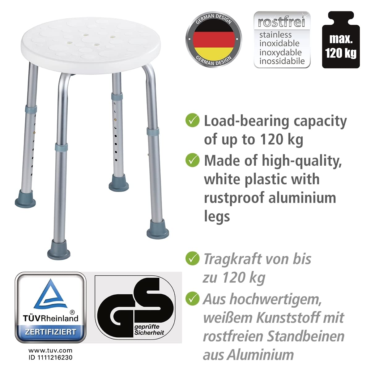 WENKO Duschhocker Secura höhenverstellbar aus Kunststoff Weiß