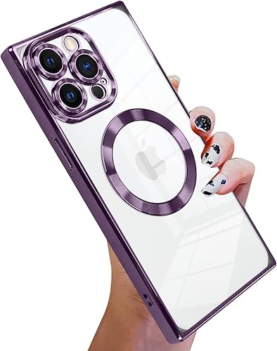 KANGHAR Funda cuadrada magnética transparente para iPhone 13 Pro Max con protector de lente de cámara compatible con MagSafe Diseño de lujo lindo