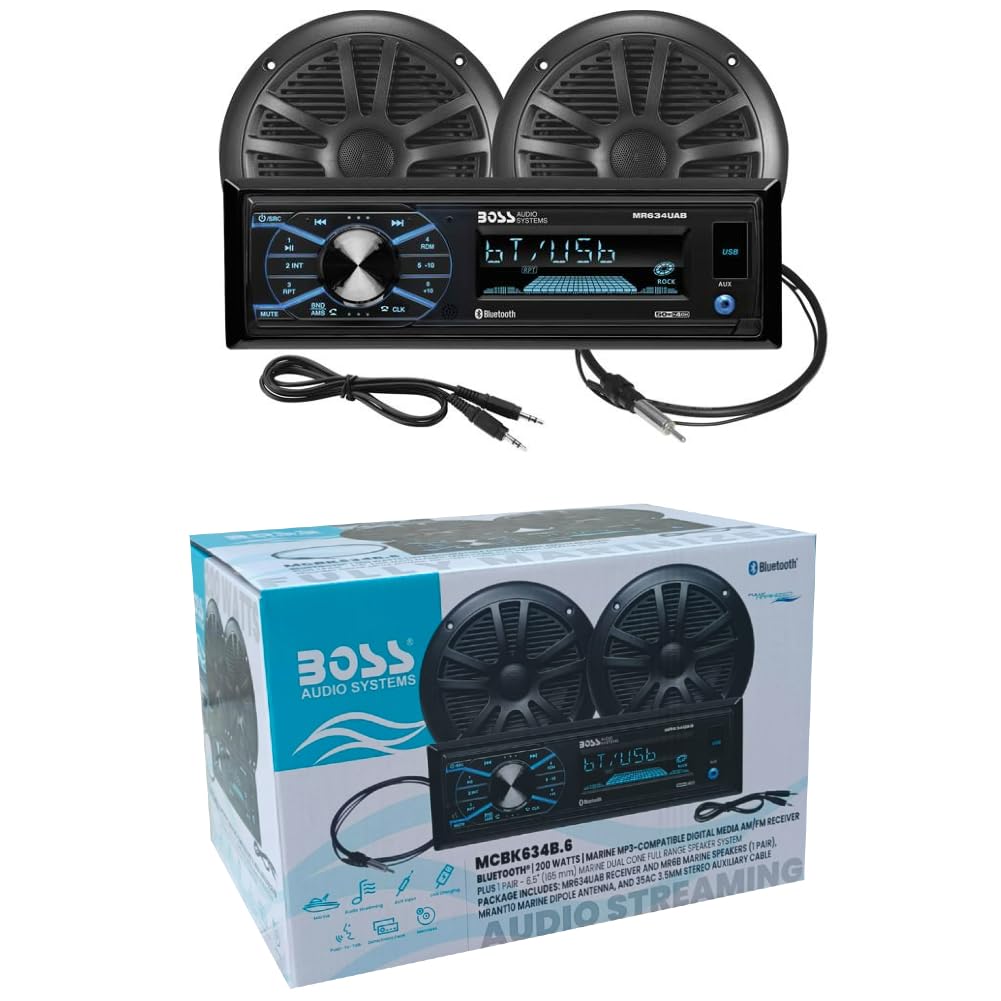ZESTAW DO BOSS AUDIO SYSTEMS MCBK634B.6, 1 zestaw z wodoodpornym stereo AM/FM Bluetooth, 1 para głośników i 1 antena dipolowa, 1 zestaw + akcesoria gratis