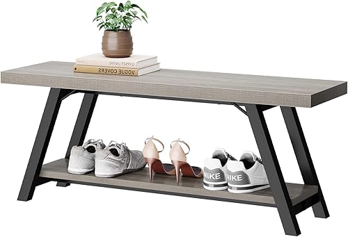 Miniatura 9 de LVB Industrial Entryway Bench, Wood and Metal Storage Bench, Indoor Farmhouse Hallway Accent Entry Bench for Seating Sitting, Shoe Rack Organizer