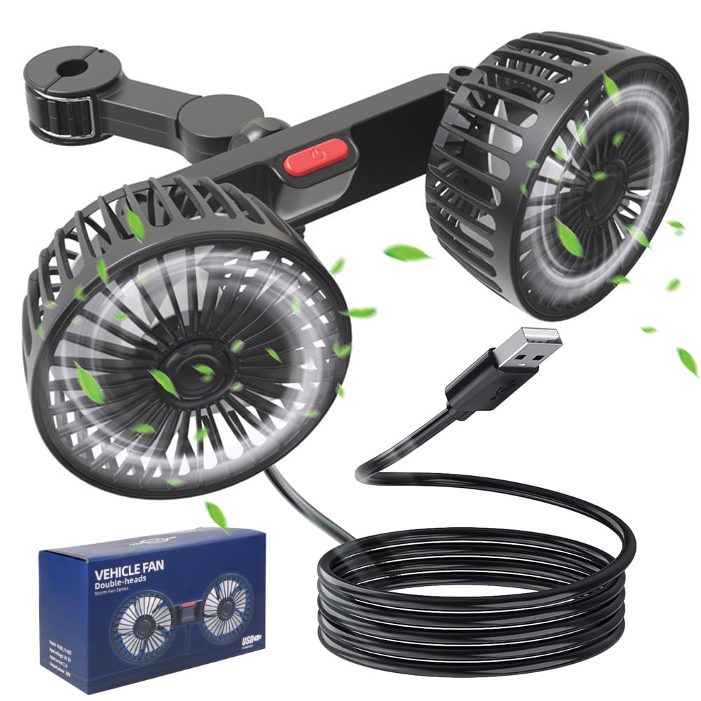 Auto Ventilator, 5V 2A Doppelkopf Kopfstütze Autolüfter, 3 Gang Einstellbar Tragbarer Auto Lüfter 360° Drehbar, USB Ventilator Auto, Rücksitz-autoventilator für Auto Home Office Ventilator
