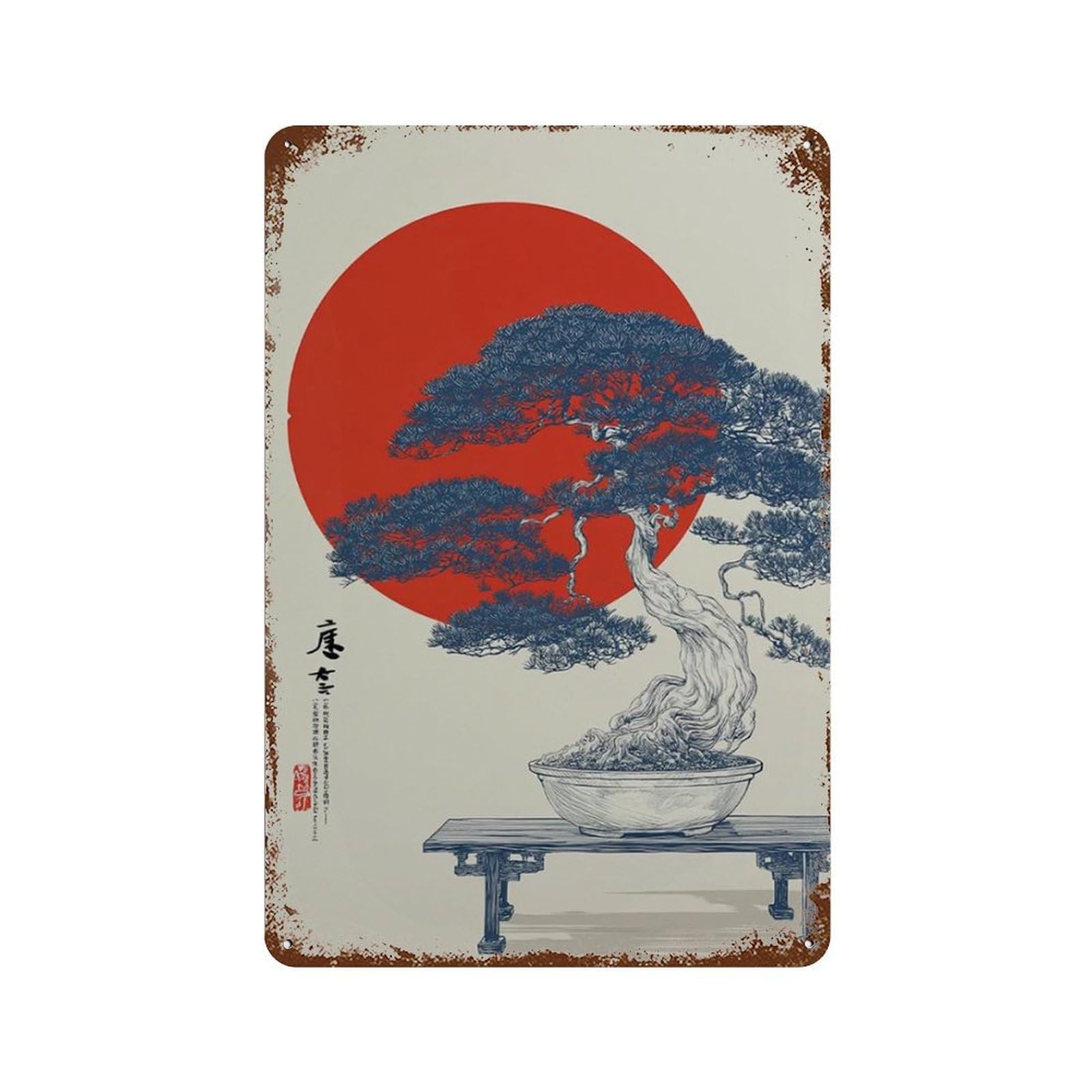 xiaoxiaoshen Japanese Bonsai Tree Minimal Zen Red Sun Landscape Wall Decor Art Metal Tin Poster Modern Home Decor Art Home Bar Shop Decorations Vintage Sign 30x20cm