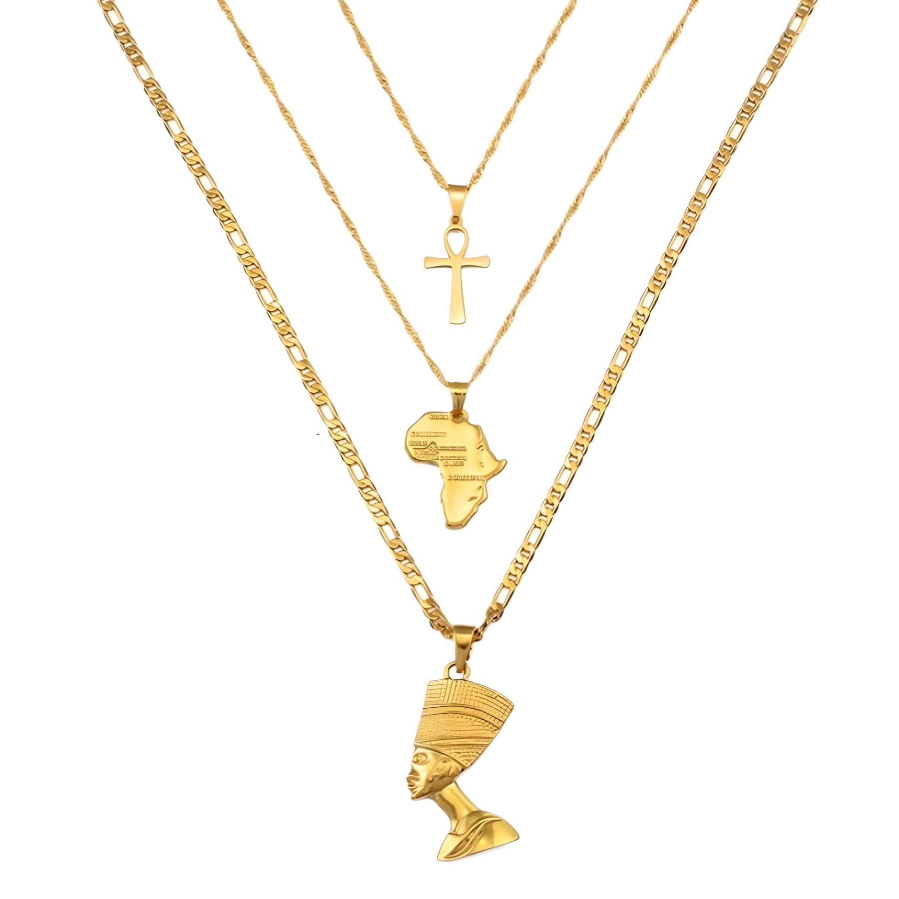 14k Yellow Gold Together Ankh Africa Map Nefertiti Set