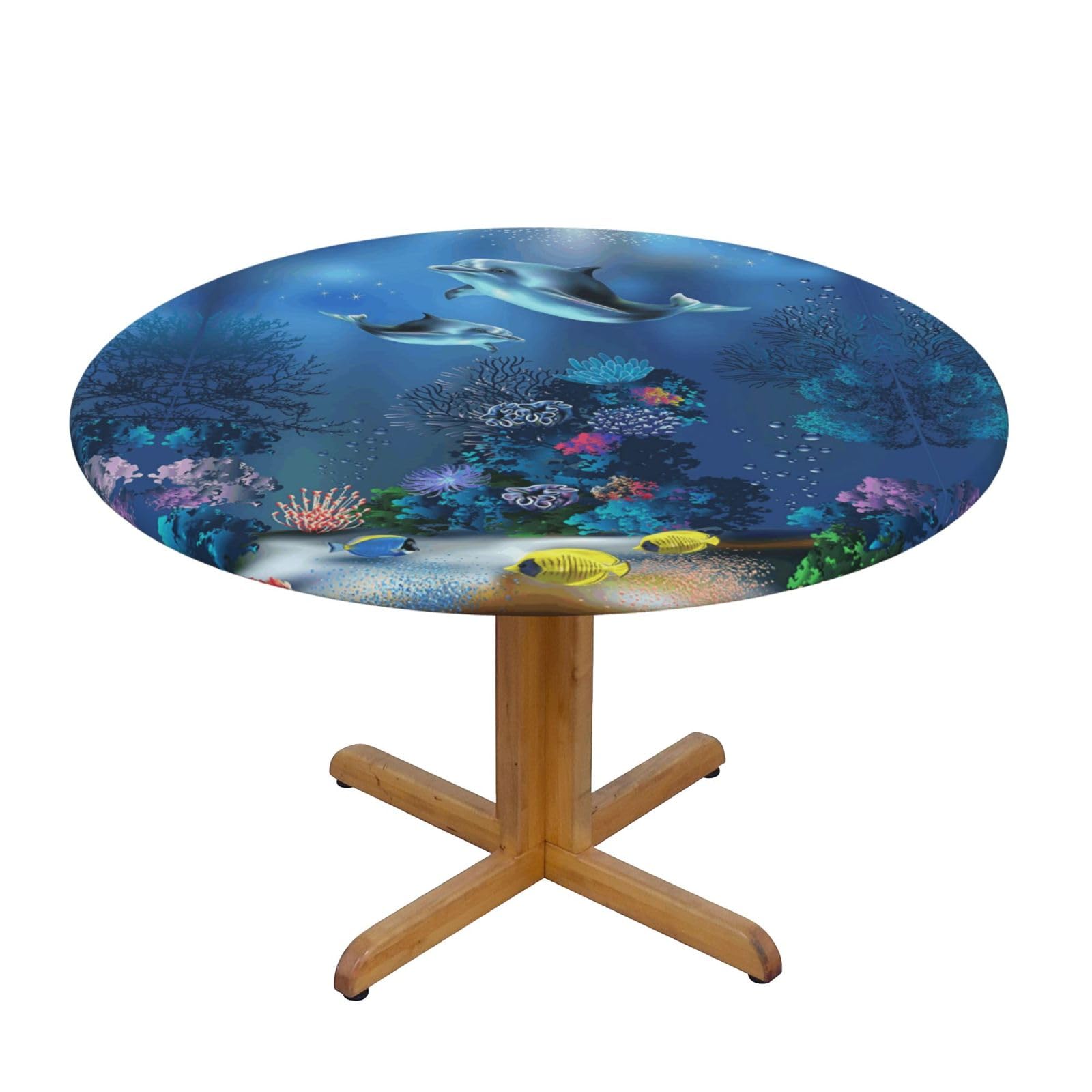 ESNAIUVCD Underwater World Dolphins Coral print Waterproof Round Tablecloth,Outdoor Table Cloth with Elastic Edged, Elastic Tablecloth Wipeable, Garden Table Cloth Suitable for sizes 90cm-140cm