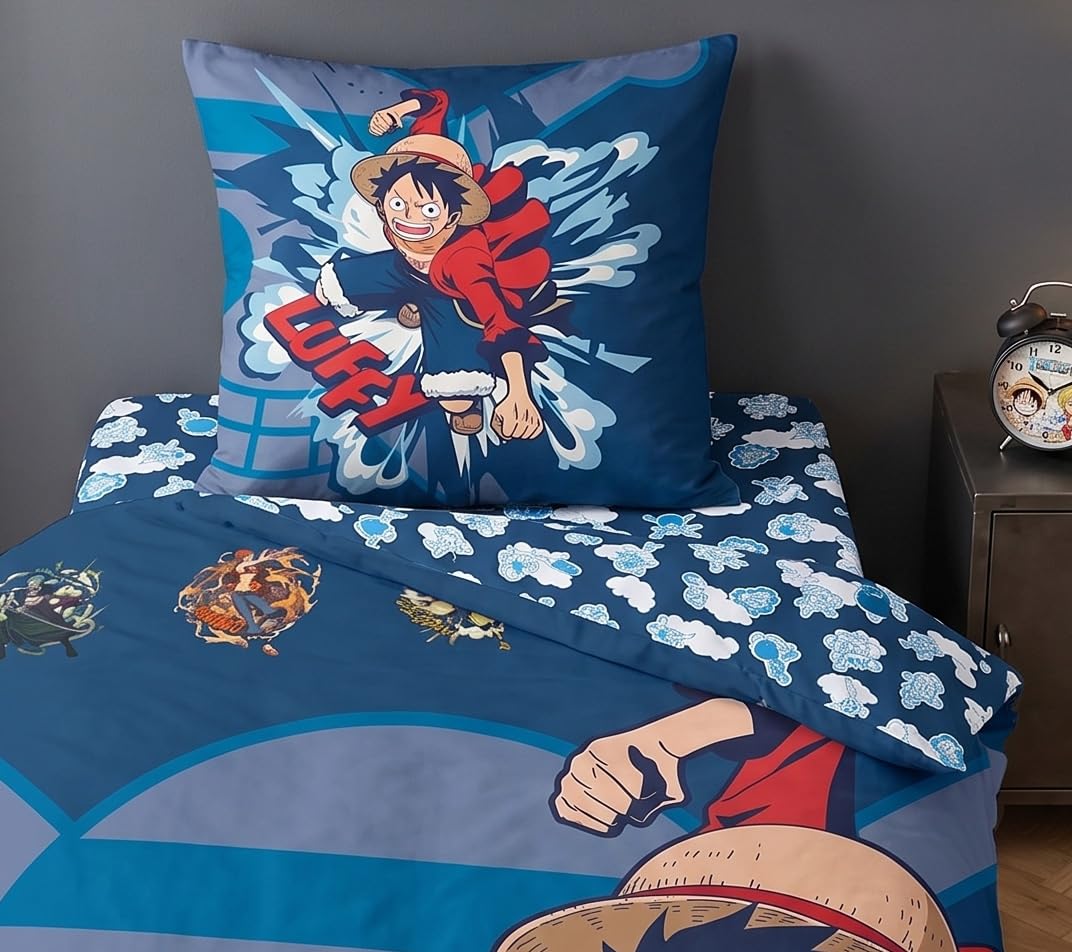One Piece Juego Cama 3 Piezas Luffy 140x200 + Funda 63x63 + Sábana 90x200 | Microfibra Oeko-Tex | Compatible 90x190-200 | Luffy Jolly Roger | Licencia oficial | Niños 8-16 | Reversible