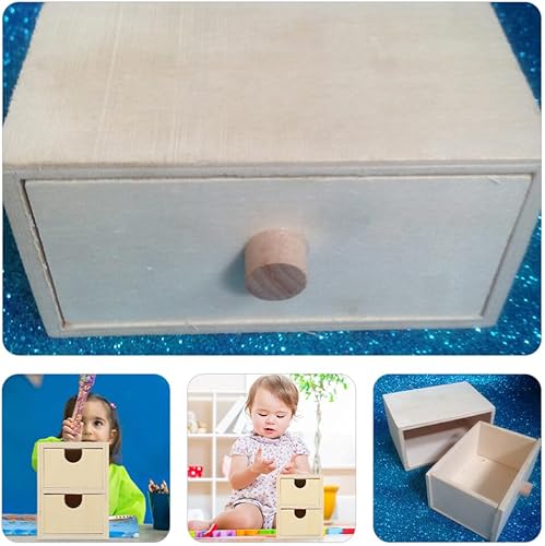 Miniatura 3 de EXCEART Caja de cajones de madera sin terminar sin pintar, caja de joyería de madera lisa en blanco, cajones pequeños de madera apilables, cajón de