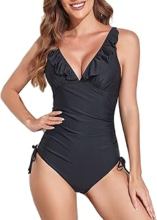 مايوه حريمي قطعة واحدة برقبة شكل V مونوكيني مكشكش برباط من رابت أسود صناعية من براديكين L للنساء