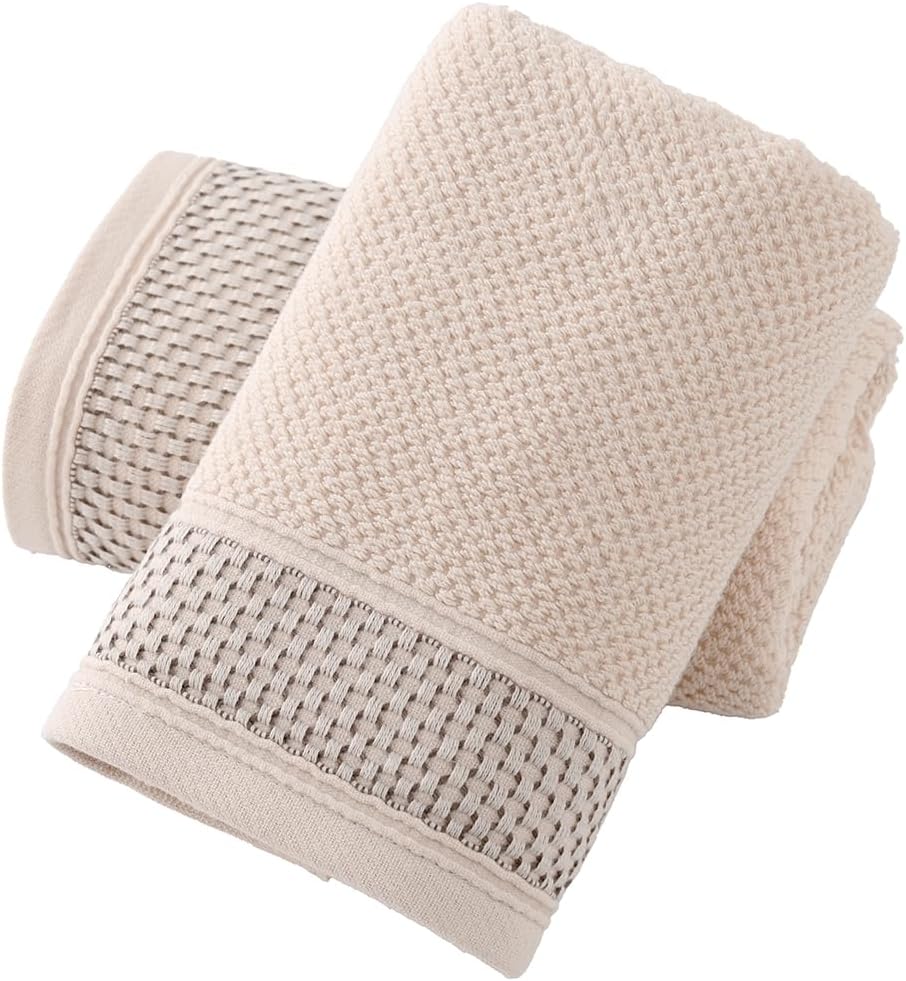 sense gnosis Textured Terry Clusters Hand Towel Set of 2 Striped Weave 100% Cotton Super Soft Highly Absorbent Quick Dry Decorative Hand Towels for Bathroom 13x 29 Inch, Beige