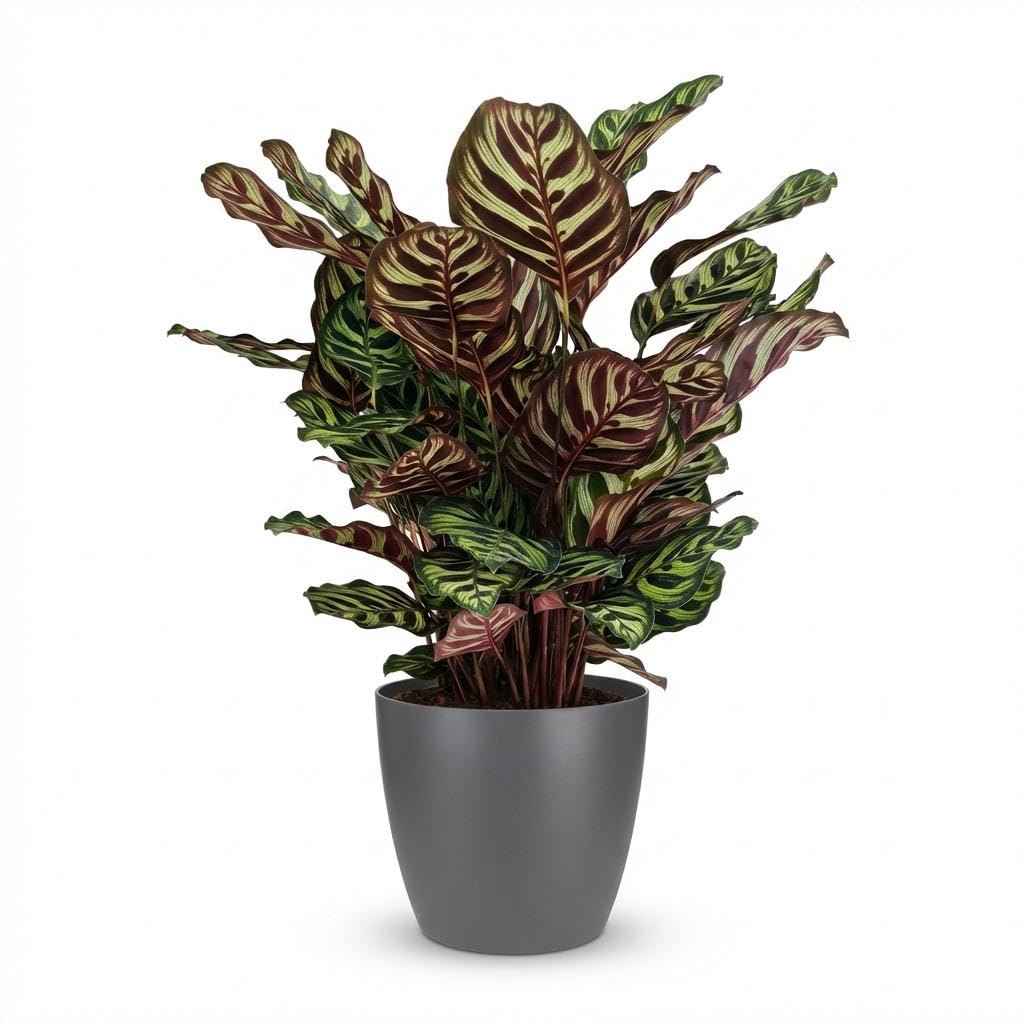 Calathea Makoyana pawie maranta koszowa 70 cm – roślina pokojowa w kolorze szarym, Ø 19 cm – dekoracyjny rysunek liści z fioletowym spodem – łatwa w pielęgnacji, oczyszcza powietrze do mieszkania i