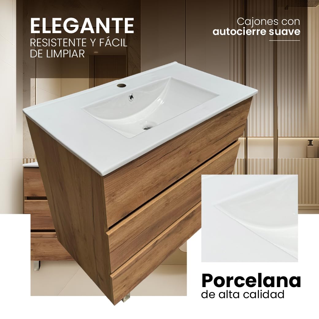Juego Mueble Baño con Lavabo. Mueble Lavabo 80 cm. Mueble Bajo Lavabo Compacto Preinstalado de Fábrica. Mueble Baño con Lavabo 80 cm con Pie de Porcelana. No Incluye Espejo.