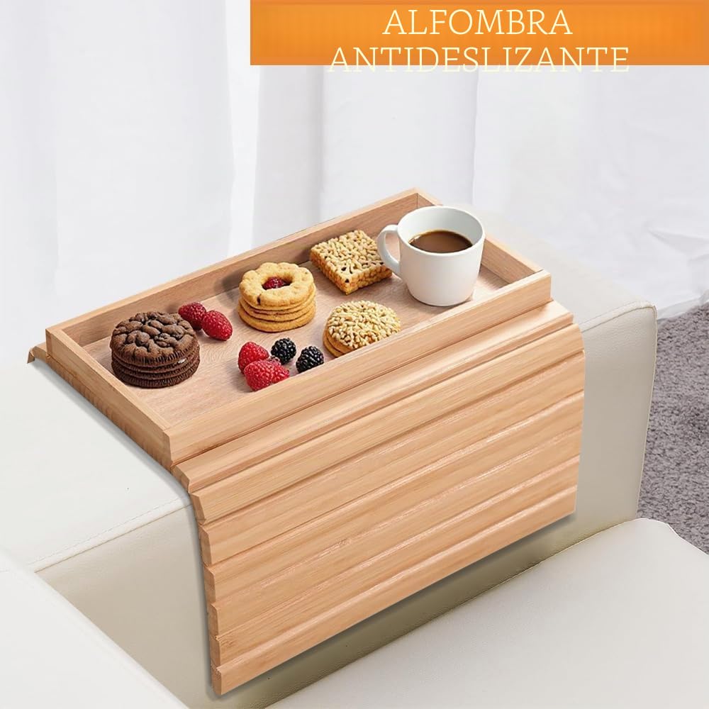 Bandeja para apoyabrazos de sofá Lighterday, bandeja de bambú plegable para sofá, bandeja antideslizante para apoyabrazos de sofá, bandeja para sillón para snacks, teléfono, bebidas y tazas