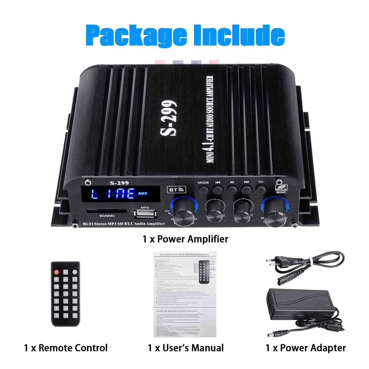 4.1 Canaux Amplificateur audio,amplificateur Bluetooth 5.0 50Wx4 + caisson de basses actif,amplificateur de haut-parleur intégré Hi-Fi, système de réception audio pour la maison ou la voiture