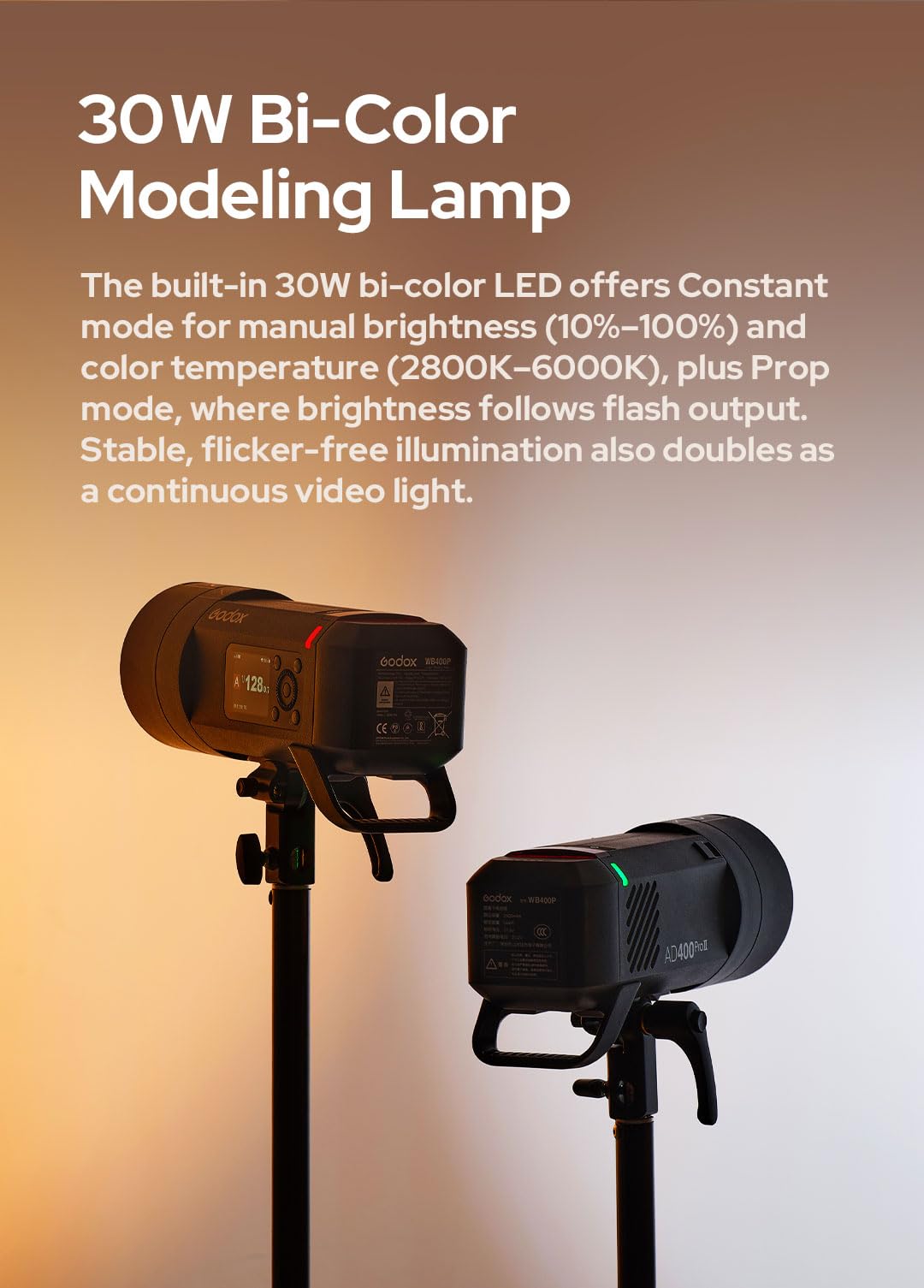 Godox AD400 Pro II Flash 400Ws TTL, AD400Pro II 2.4G HSS 1/8000s Monotorcia con LED Bi-Color 30W, Display OLED, Attacco Bowens/Godox, 460 Scatti a Piena Potenza, per Canon Nikon Sony Fujifilm