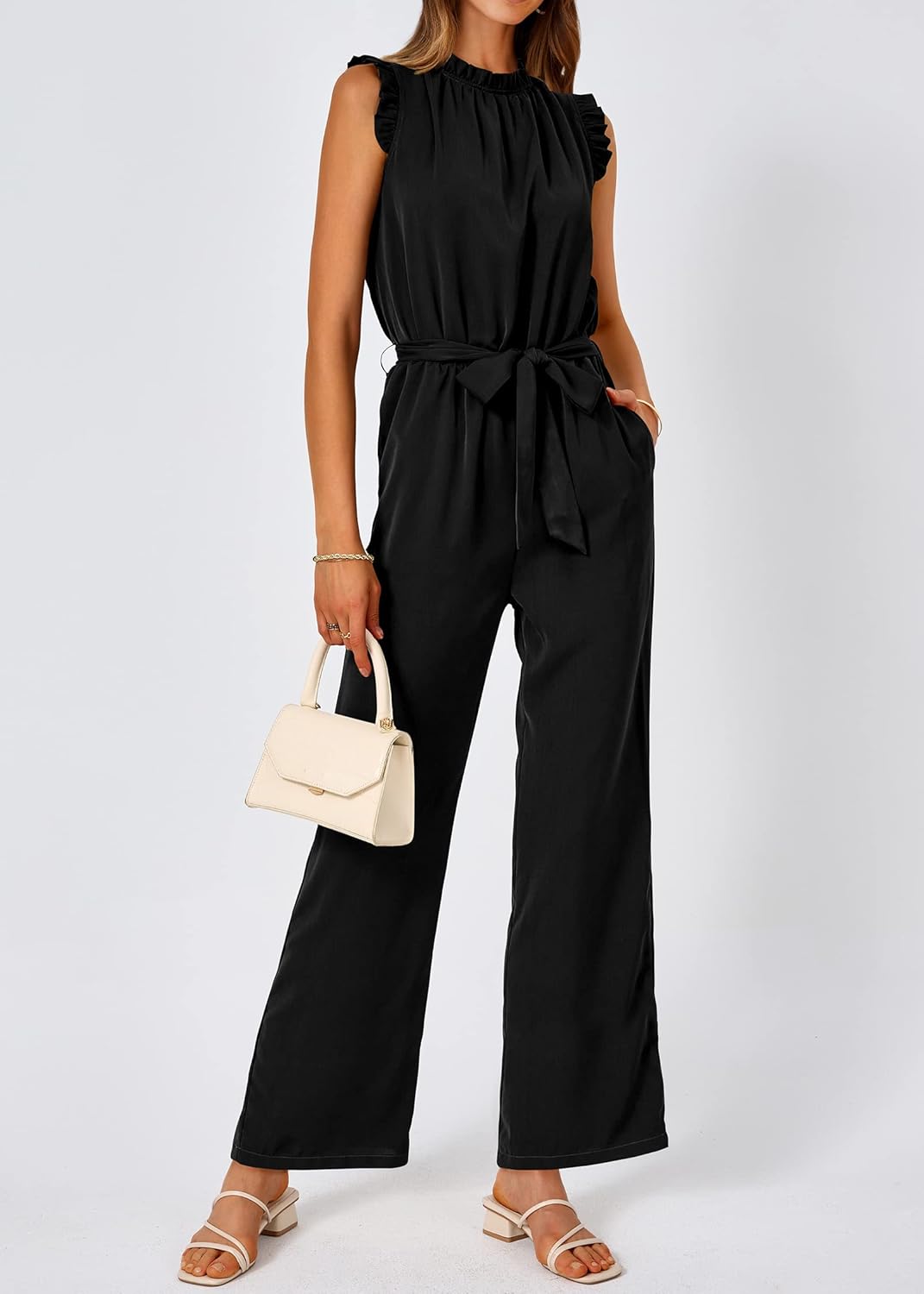 KIRUNDO Jumpsuits For Women Dressy Summer One Piece Sleeveless Ruffle Mock Neck Belt Pockets Formal Wide Leg Pants Romper - Image 5