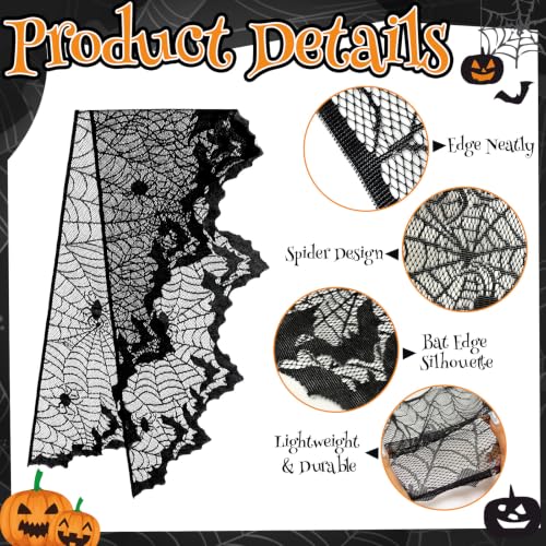 Image of Black Lace Cobweb Halloween Fireplace Mantel Scarf Cover Decor, 18x96 in