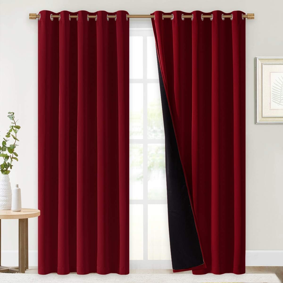 nicetown 100% blackout curtains with black liner backing, thermal insulated curtains for living room, noise reducing drapes for christmas, burgundy red, 70 inches x 84 inches per panel, set of 2 burgundy red 70"w x 84"l (pack of 2)