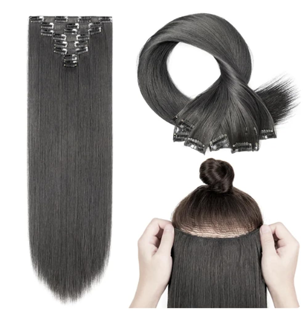 Clip In Human Hair Synthetic Full Head Hair Extension Highlights Streaks (Natural Black Straight, Full Pack)