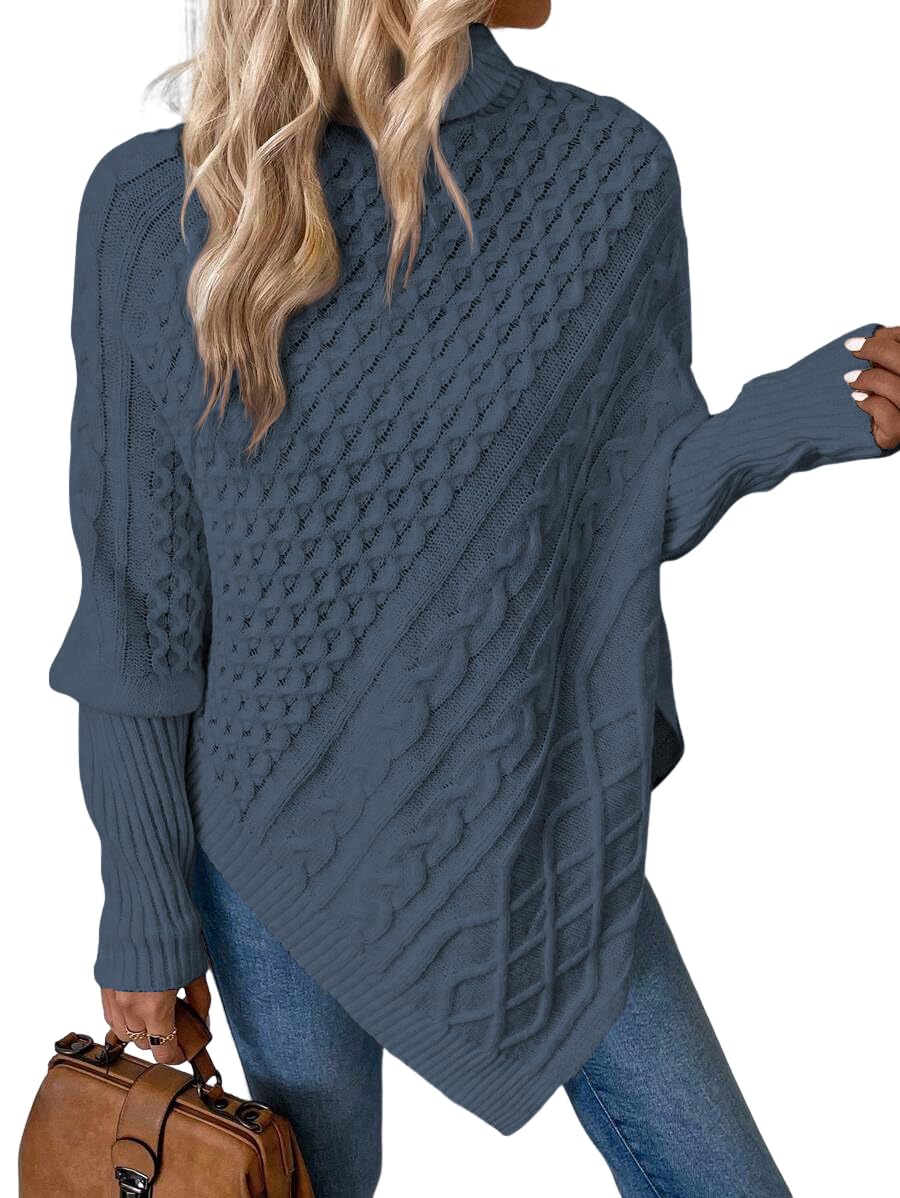 ZAFUL Womens Asymmetrical Turtleneck Poncho Sweaters Drop Shoulder Cable Knit Casual Pullover Sweater