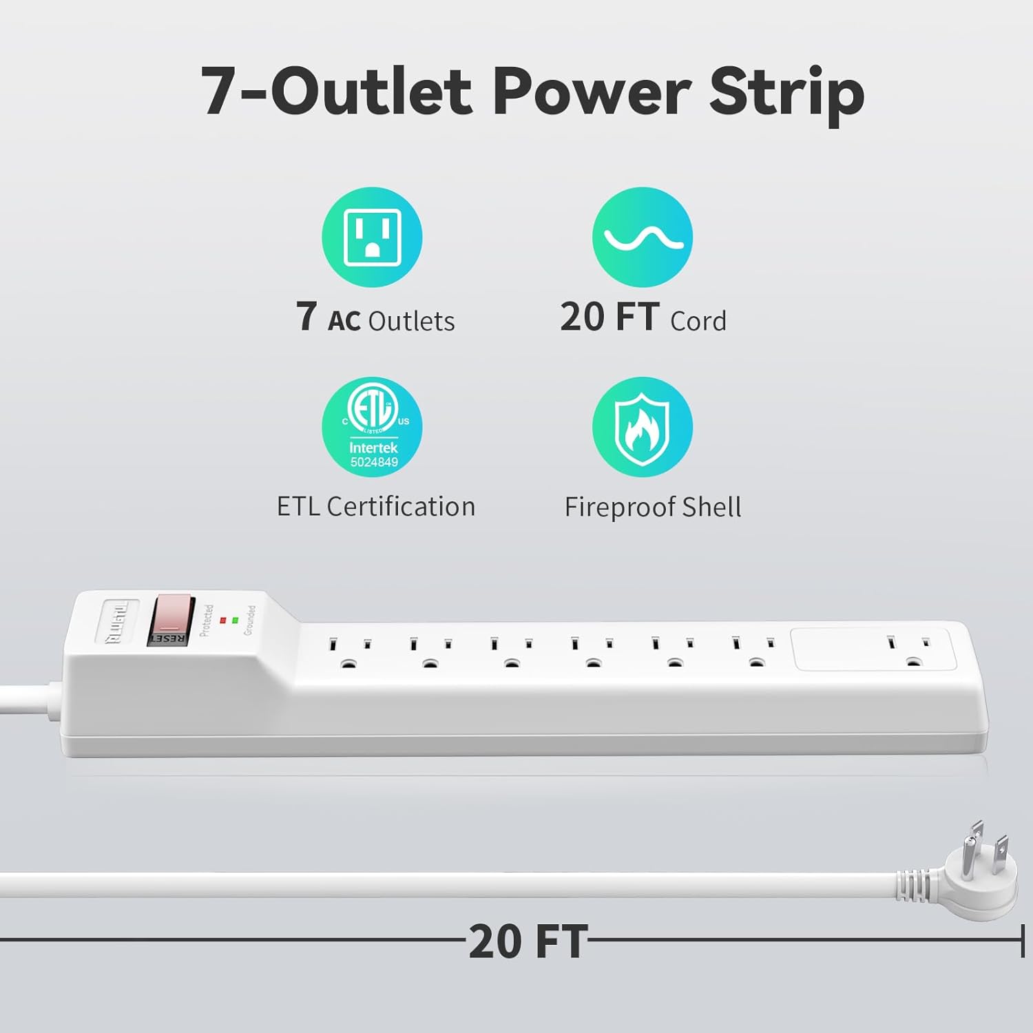 PLUGTUL Surge Protector 20FT (980 Joules), Flat Plug Power Strip, Extension Cord with Multiple Outlets, 7 Outlets, ETL Listed, 14 Gauge, Wall Mountable for Home Office Garage, White