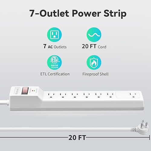 Miniatura 2 de Protector de sobretensiones de 20 pies (980 julios), tira de alimentación de enchufe plano, cable de extensión con múltiples tomas, 7 tomas,