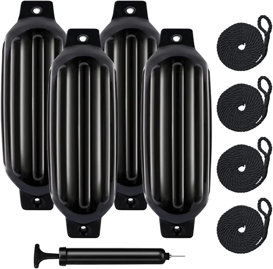 Marine and Rv Direct 4 Boat Fenders 6.5” X 23” Vinyl Ribbed Bumper Dock Shield Protection Includes 7 Foot Long 3/8s Braided Fender Lines & Pump to Inflate