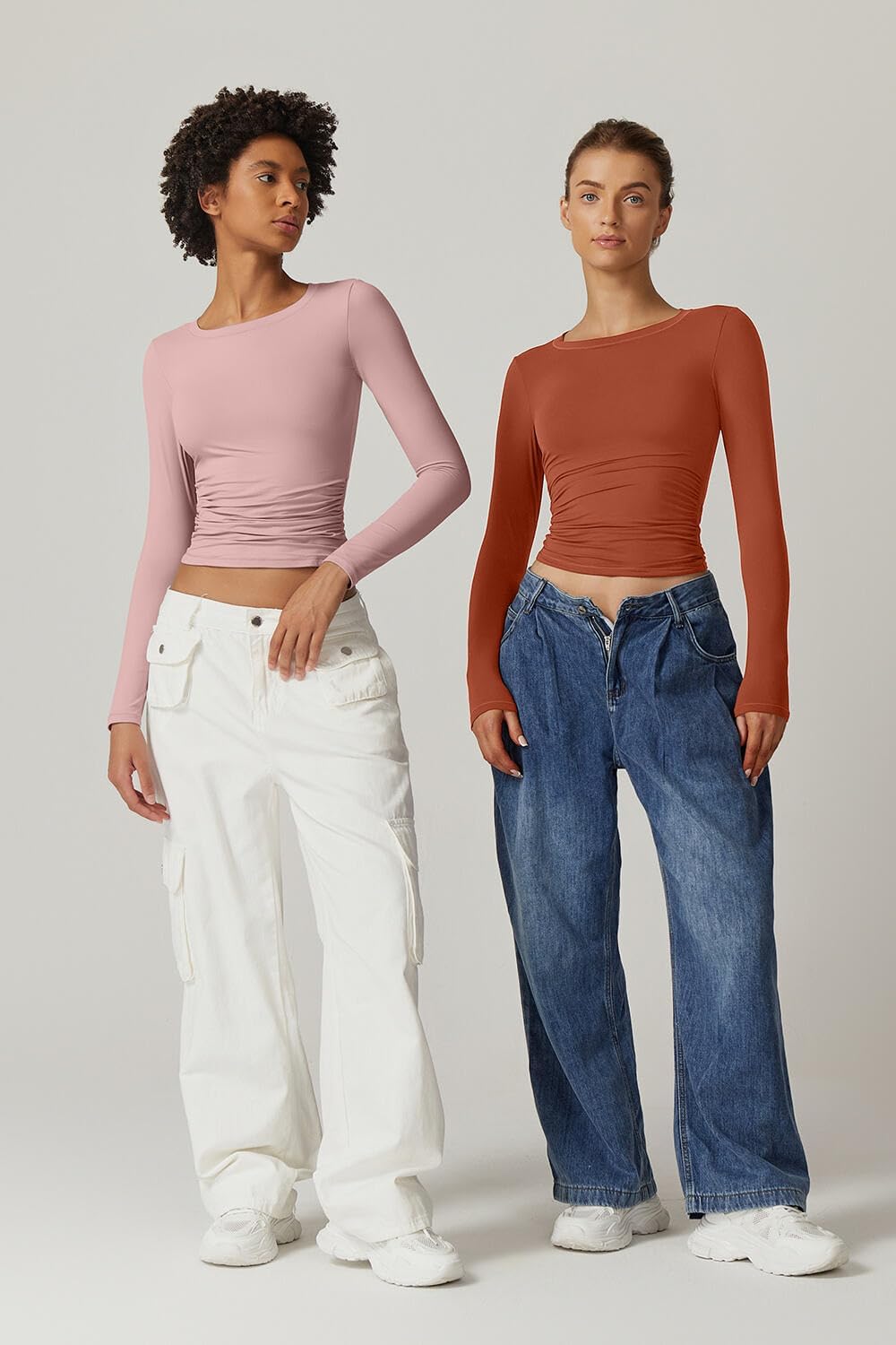 QINSEN Womens Crewneck Long Sleeve Shirt Double Lined Basic Tees Side Ruched Going Out Crop Tops - Image 7