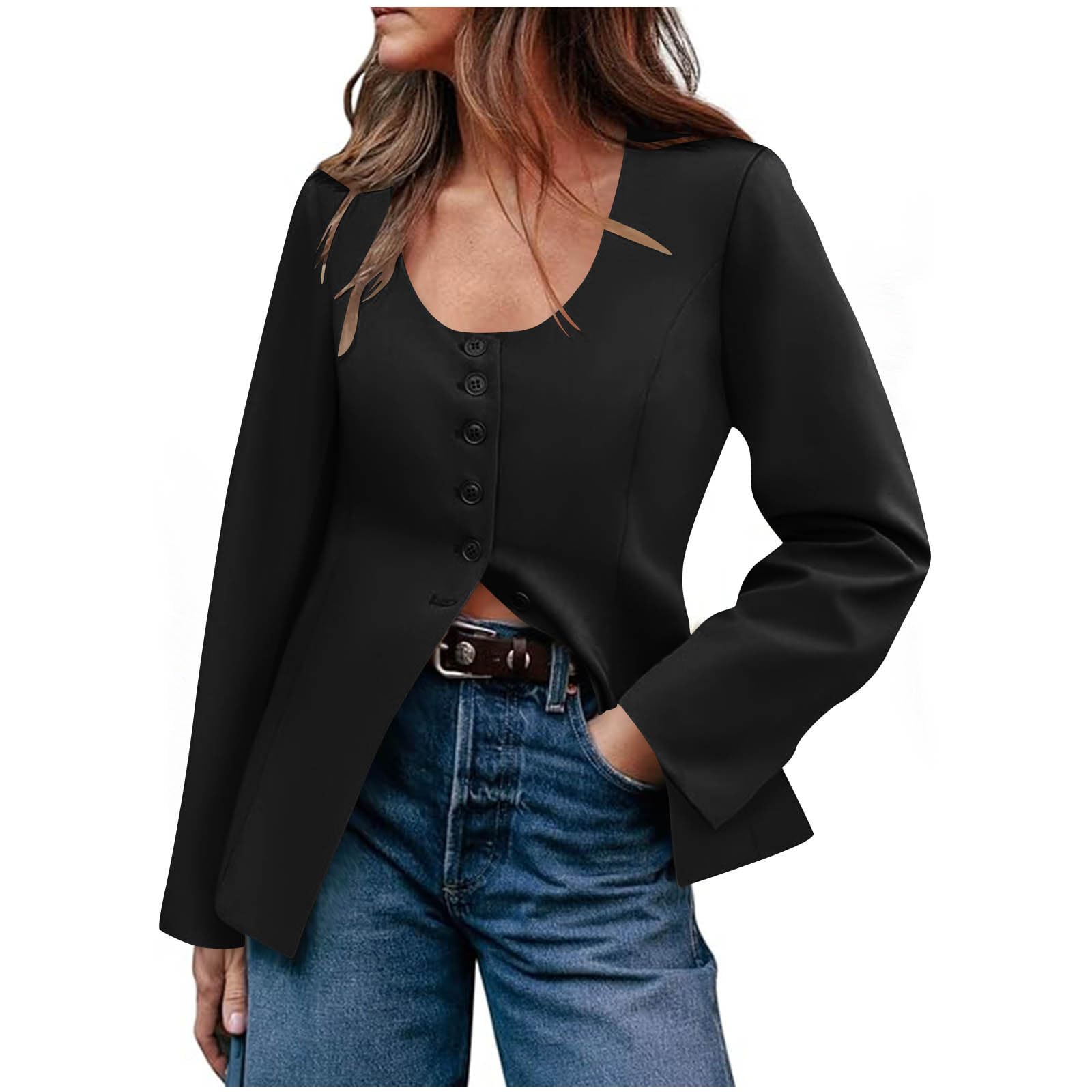 Womens Blazer Long Sleeve Lightweight Scoop Neck Blazers Jacket Business Casual Business Suit Coat Fall Clothes