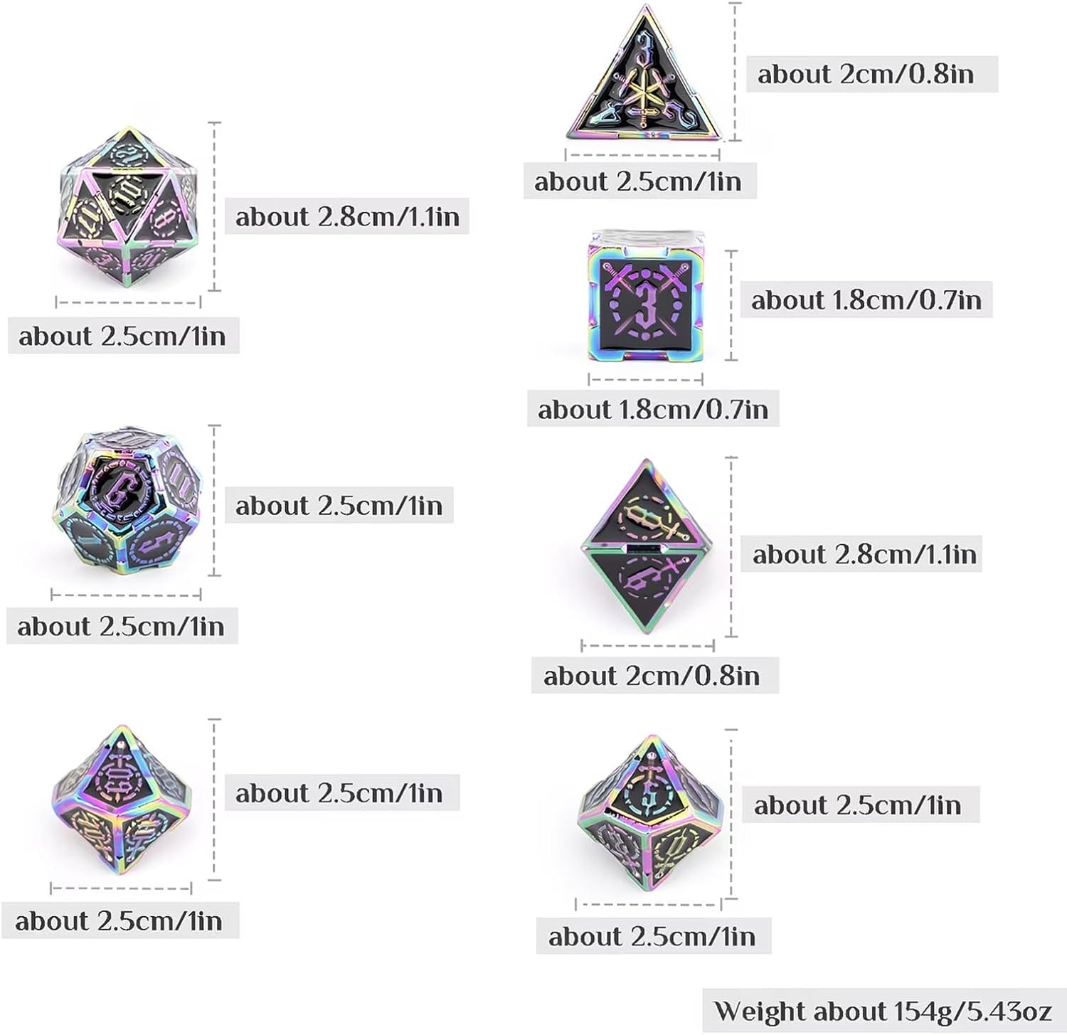 7-piece Set of Colorful Double-Sword Metal Dice, Multifaceted Metal Dice, Compatible with Role Playing RPG Board Game Card Game