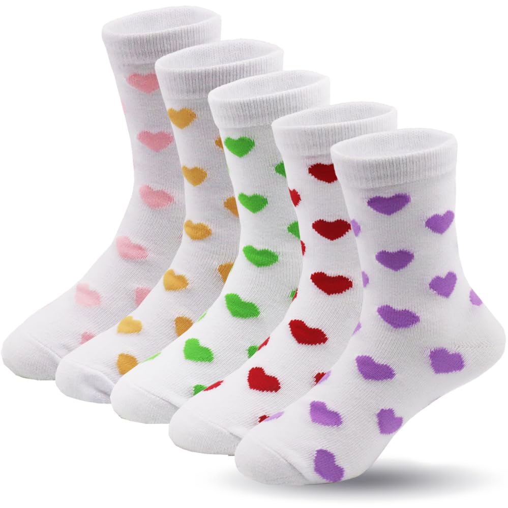 ZUOIUP Girls Kids Socks Cotton Sock White Pink Crew Socks with Hearts 5 Pairs Soft Breathable Child Sock for Outdoor Casual(White Pack 7-9 Years)