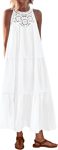 BTFBM Summer Halter Dresses for Women 2026 Casual Spring Hollow Out Sleeveless Boho Sundresses Beach Vacation Maxi Dress
