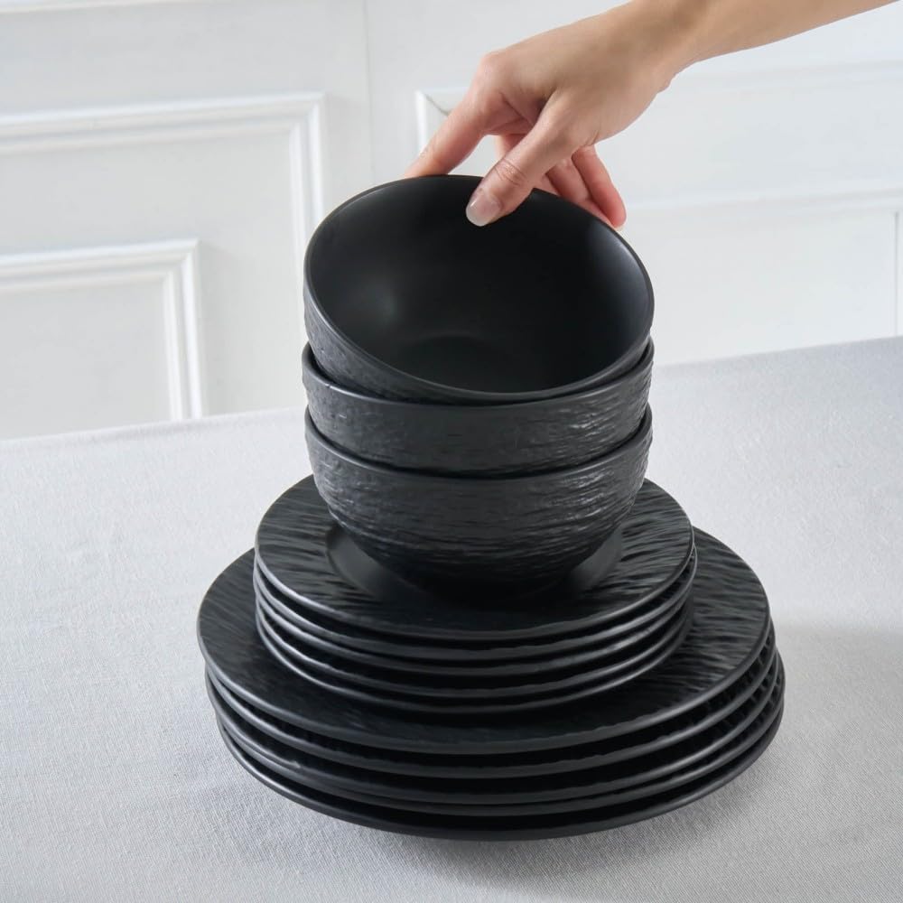 Karaca Solem Embossed Ensemble de Assiette et de Bols en Grès, Service de Table Noir, Vaisselle en Grès, Vaisselle Idéale pour les Repas de 6 Personnes, 18 pièces