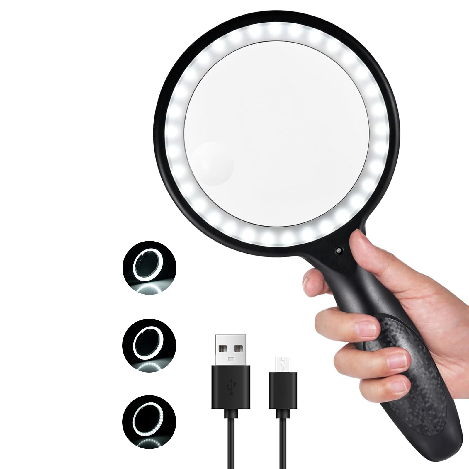 Loupe Grossissante avec Lumiere, 60X 30X loupe de Lecture pour Malvoyant, USB Rechargeable, Loupe Eclairante à 3 Modes, Éclairage Réglable à 33 LED (Noir)