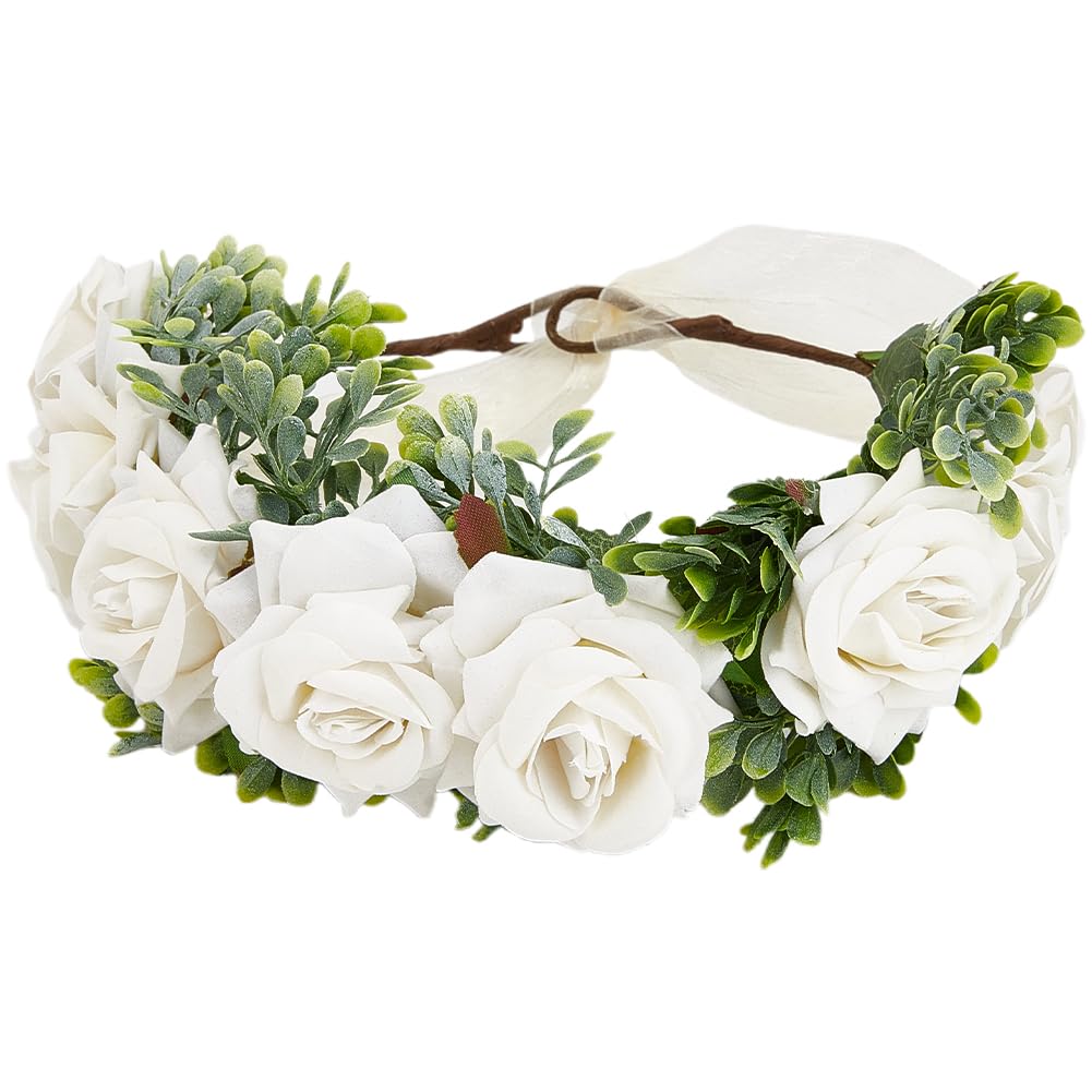 GORGECRAFT Dog Flower Collar Wedding White Floral Headband Adjustable Flower Crown Attire Wreath Bow for Female Women Pets Cats Dog Costumes Valentine's Day Party Festivals Photo Props 20 x 21cm