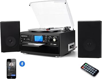DIGITNOW! Bluetooth Viny Record Player, Turntable for CD, Cassette, AM/FM Radio and Aux in, USB port and SD Encoding, Remote Control, with Standalone Stereo Speakers