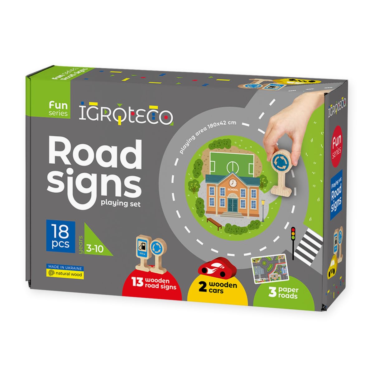Igroteco Wooden play set for children from 3 years, traffic signs, educational game, 18 pieces, connect the streets and form an whole city, almost 1.8 m long, developed visual perception