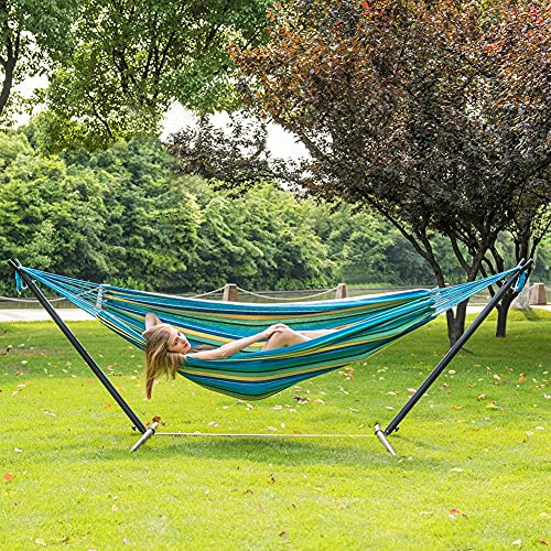 Lazy Daze Hammocks Double Hammock With 9Ft Space Saving Steel Stand Includes Portable Carrying Case, 450 Pounds Capacity (Blue&Yellow) #TOP7